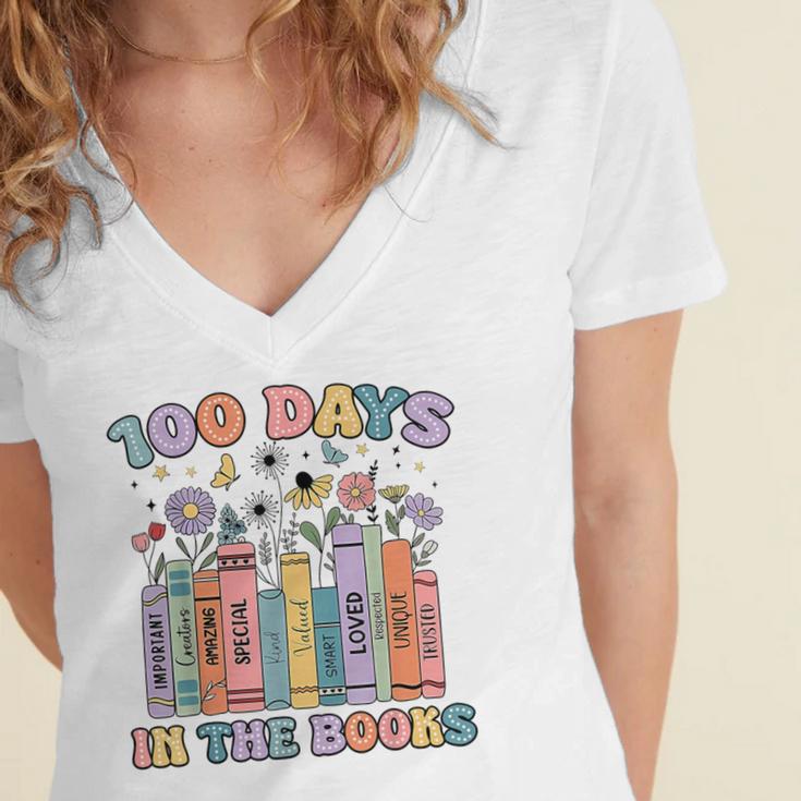 100 Days In The Books Reading Teacher 100th Day Of School Women's Jersey Short Sleeve Deep V-Neck Tshirt 100 Days In The Books Reading Teacher 100th Day Of School Women's Jersey Short Sleeve Deep V-Neck Tshirt