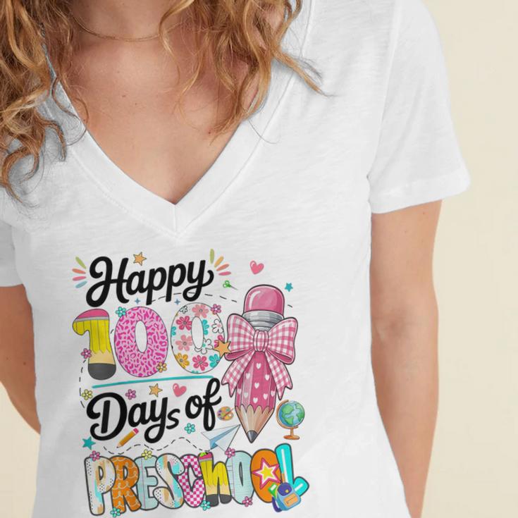 100th Day Of School Teacher Books 100 Days Of Preschool Girl Women's Jersey Short Sleeve Deep V-Neck Tshirt 100th Day Of School Teacher Books 100 Days Of Preschool Girl Women's Jersey Short Sleeve Deep V-Neck Tshirt