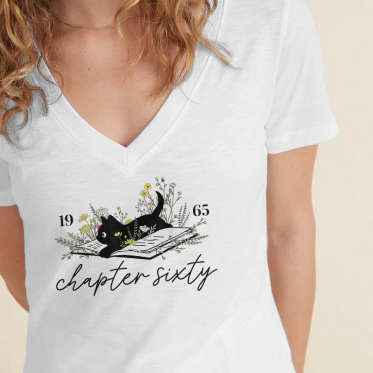 1965 Chapter Sixty Book Cat Lover 60th Birthday For Men Women Women's Jersey Short Sleeve Deep V-Neck Tshirt 1965 Chapter Sixty Book Cat Lover 60th Birthday For Men Women Women's Jersey Short Sleeve Deep V-Neck Tshirt