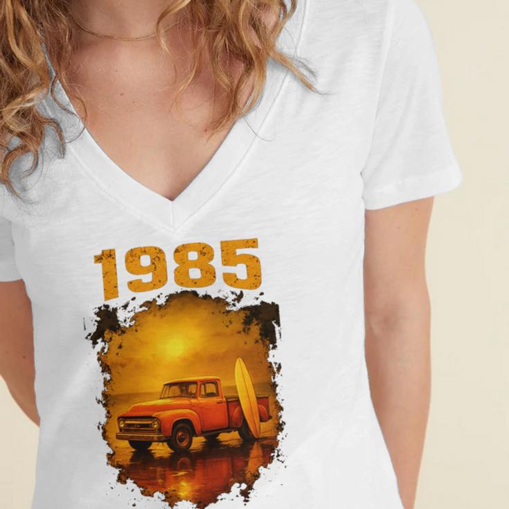 1985 Vintage Sunset Surf Truck Retro Beach Nostalgia Women's Jersey Short Sleeve Deep V-Neck Tshirt 1985 Vintage Sunset Surf Truck Retro Beach Nostalgia Women's Jersey Short Sleeve Deep V-Neck Tshirt