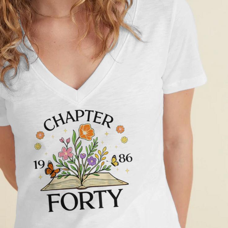 1986 Chapter Forty 40th Birthday Wildflower Book Women's Jersey Short Sleeve Deep V-Neck Tshirt 1986 Chapter Forty 40th Birthday Wildflower Book Women's Jersey Short Sleeve Deep V-Neck Tshirt
