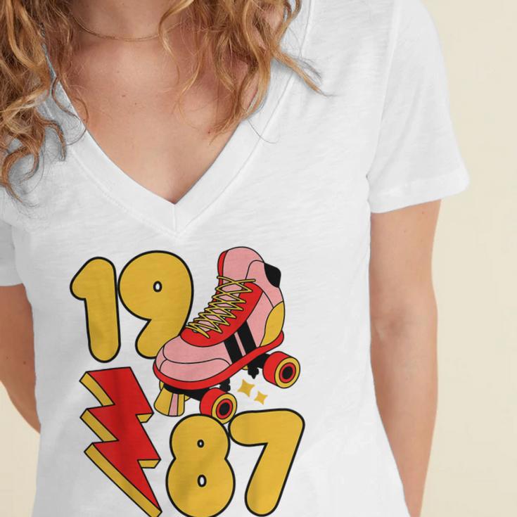 1987 Retro Roller Skate Vintage 80s Nostalgia Collector Women's Jersey Short Sleeve Deep V-Neck Tshirt