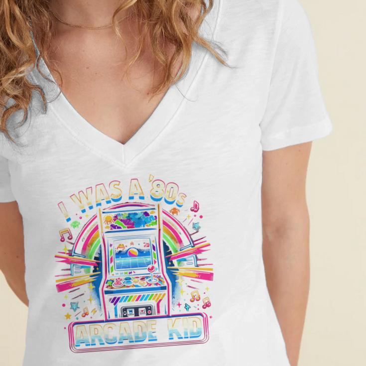 80s Arcade Kid Vintage Gamer Nostalgia Women's Jersey Short Sleeve Deep V-Neck Tshirt