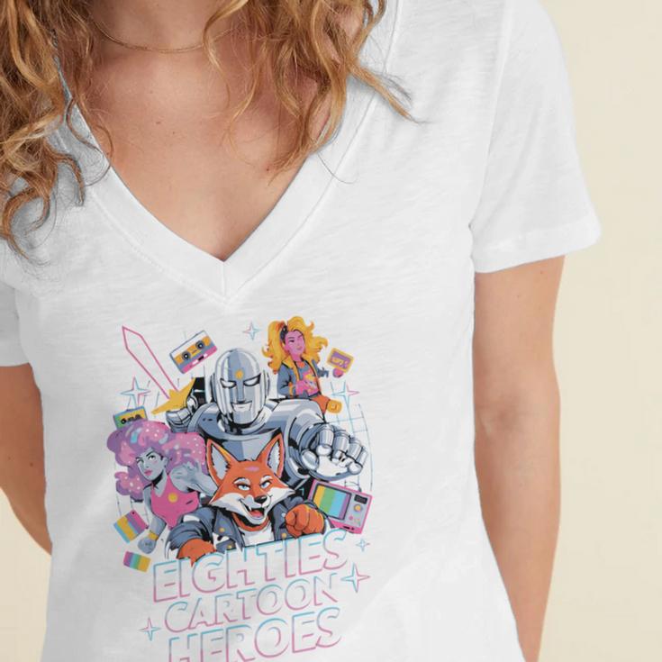 80's Cartoon Heroes Apparel For Retro Nostalgia Fans Women's Jersey Short Sleeve Deep V-Neck Tshirt 80's Cartoon Heroes Apparel For Retro Nostalgia Fans Women's Jersey Short Sleeve Deep V-Neck Tshirt