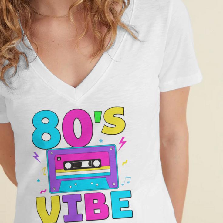 80's Vibe Retro Style Cassette Tape Nostalgia 1980s Party Women's Jersey Short Sleeve Deep V-Neck Tshirt 80's Vibe Retro Style Cassette Tape Nostalgia 1980s Party Women's Jersey Short Sleeve Deep V-Neck Tshirt