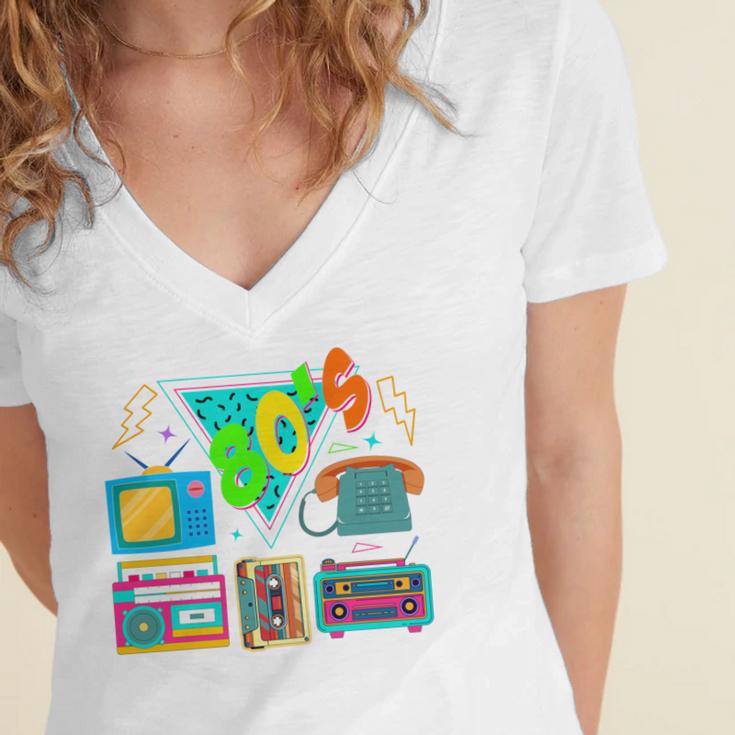 80's Vintage Cassette Tape Nostalgia Mixtape Era 1980s Retro Women's Jersey Short Sleeve Deep V-Neck Tshirt