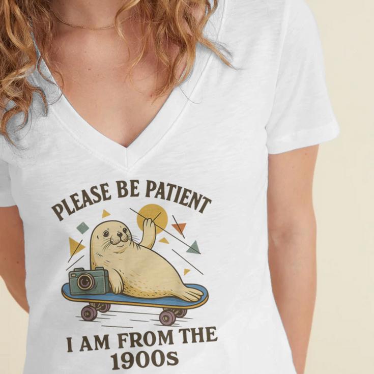 90s Manatee Humor Please Patient I'm From The 1900s Women's Jersey Short Sleeve Deep V-Neck Tshirt