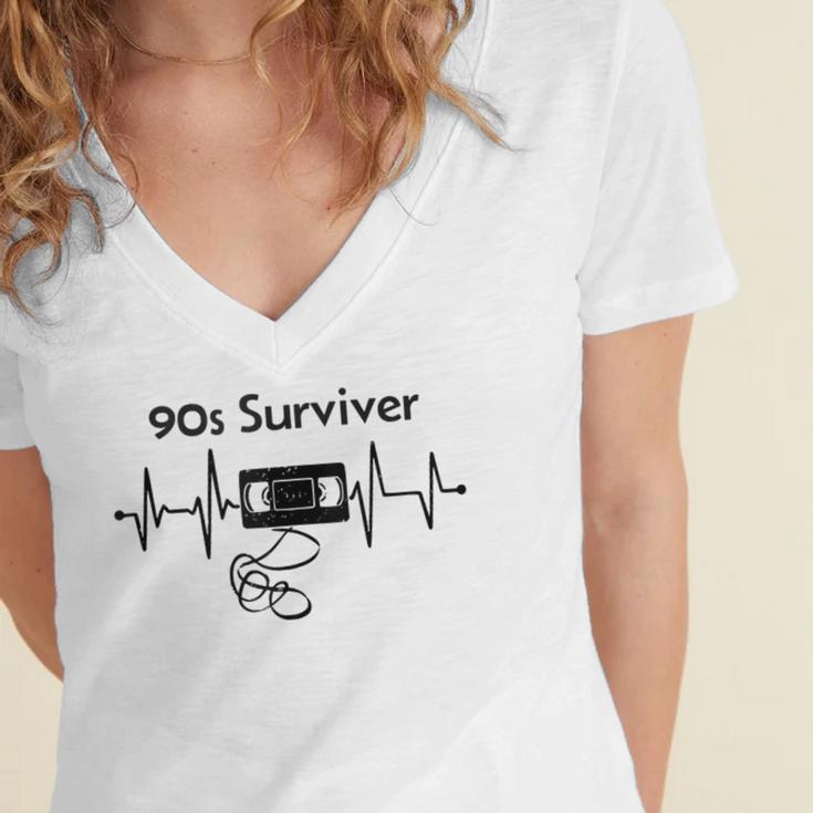 90s Survivor Retro Nostalgia Vintage Throwback Women's Jersey Short Sleeve Deep V-Neck Tshirt