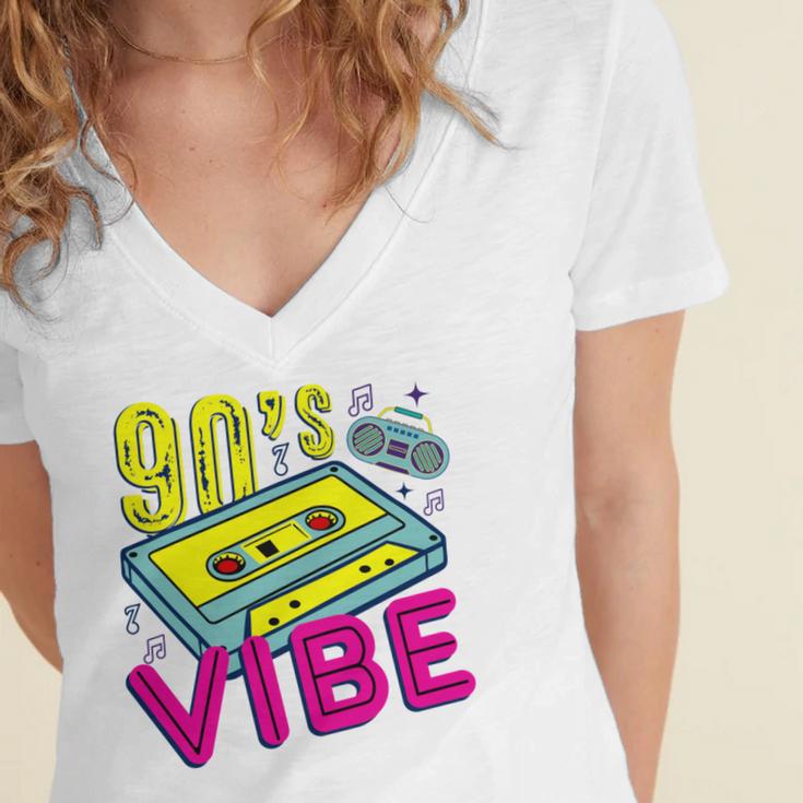 90's Vibe Retro Style Cassette Tape Nostalgia 1990s Party Women's Jersey Short Sleeve Deep V-Neck Tshirt 90's Vibe Retro Style Cassette Tape Nostalgia 1990s Party Women's Jersey Short Sleeve Deep V-Neck Tshirt