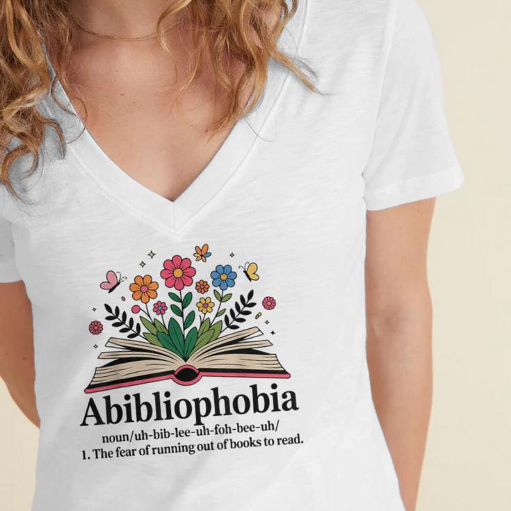 Abibliophobia Noun The Fear Of Running Out Of Books To Read Women's Jersey Short Sleeve Deep V-Neck Tshirt Abibliophobia Noun The Fear Of Running Out Of Books To Read Women's Jersey Short Sleeve Deep V-Neck Tshirt