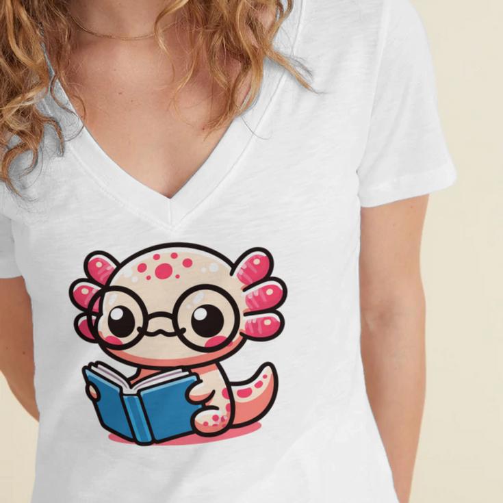 Adorable Book Lover Axolotl With Reading Glasses Cute Women's Jersey Short Sleeve Deep V-Neck Tshirt
