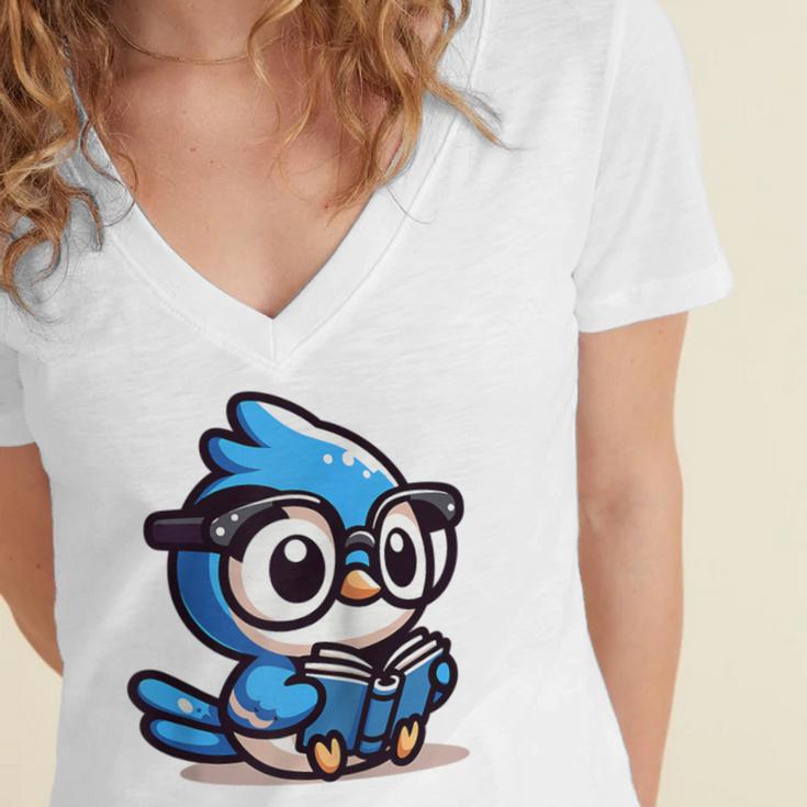 Adorable Book Lover Blue Jay With Reading Glasses Cute Raglan Baseball Tee Women's Jersey Short Sleeve Deep V-Neck Tshirt
