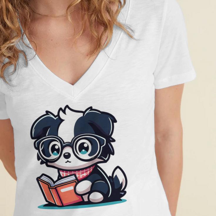 Adorable Book Lover Border Collie With Reading Glasses Cute Raglan Baseball Tee Women's Jersey Short Sleeve Deep V-Neck Tshirt