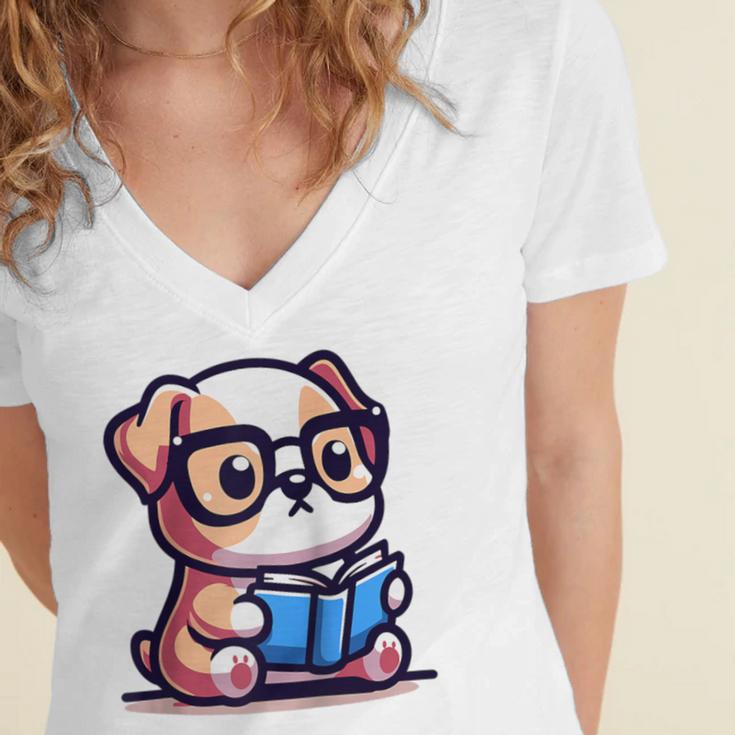 Adorable Book Lover Bulldog With Reading Glasses Cute Raglan Baseball Tee Women's Jersey Short Sleeve Deep V-Neck Tshirt