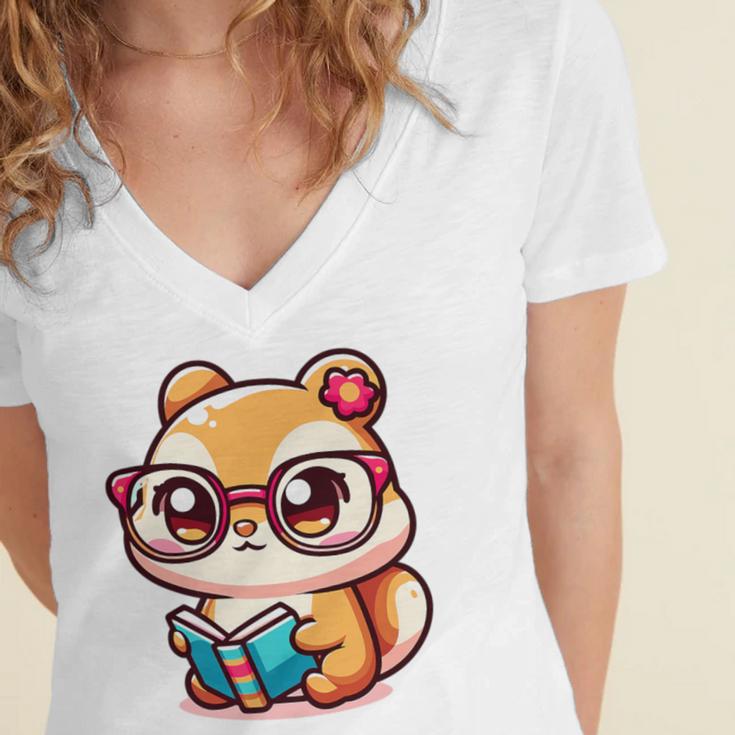 Adorable Book Lover Chipmunk With Reading Glasses Cute Premium Women's Jersey Short Sleeve Deep V-Neck Tshirt