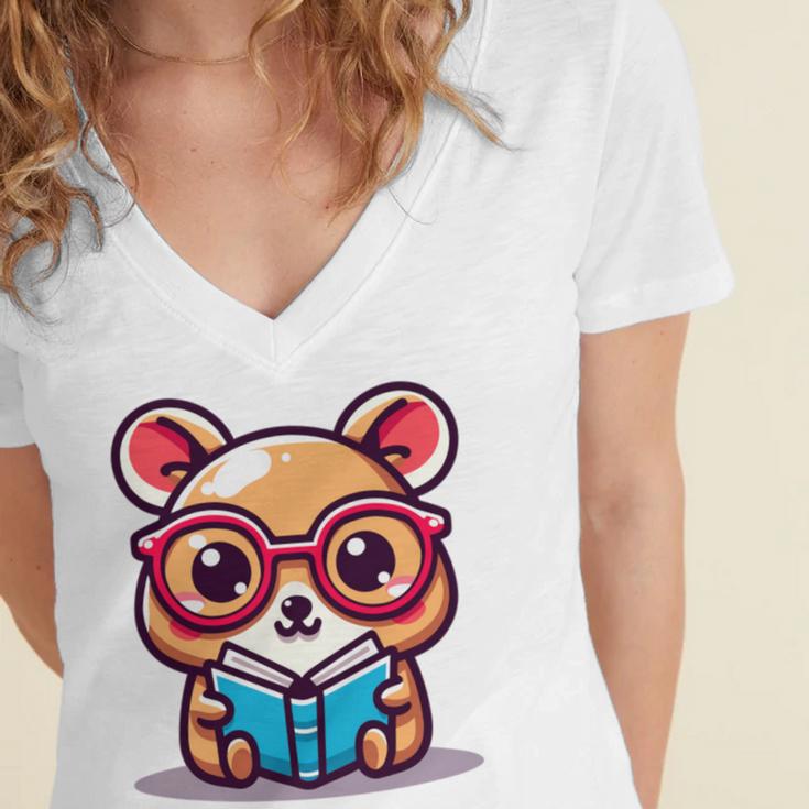 Adorable Book Lover Quokka With Reading Glasses Cute Women's Jersey Short Sleeve Deep V-Neck Tshirt Adorable Book Lover Quokka With Reading Glasses Cute Women's Jersey Short Sleeve Deep V-Neck Tshirt