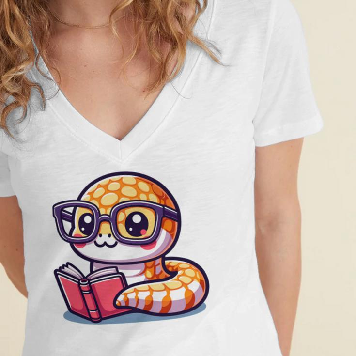 Adorable Book Lover Rattlesnake With Reading Glasses Cute Women's Jersey Short Sleeve Deep V-Neck Tshirt