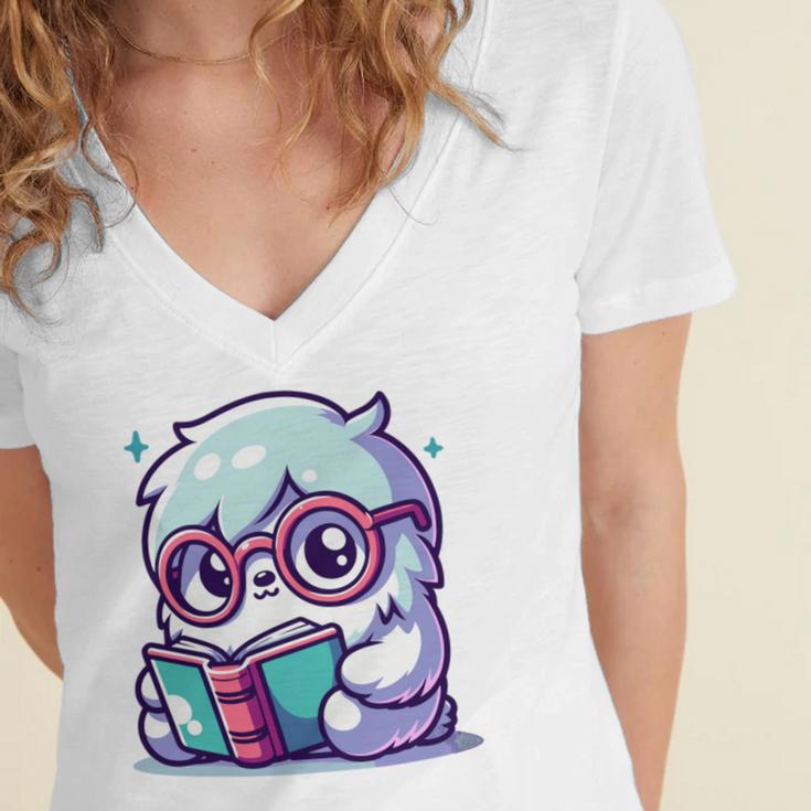 Adorable Book Lover Yeti With Reading Glasses Cute Women's Jersey Short Sleeve Deep V-Neck Tshirt Adorable Book Lover Yeti With Reading Glasses Cute Women's Jersey Short Sleeve Deep V-Neck Tshirt