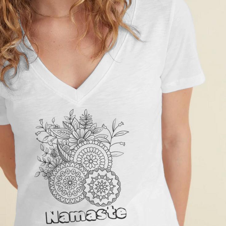 Adult Coloring Book Namaste Yoga Flowers Women's Jersey Short Sleeve Deep V-Neck Tshirt Adult Coloring Book Namaste Yoga Flowers Women's Jersey Short Sleeve Deep V-Neck Tshirt