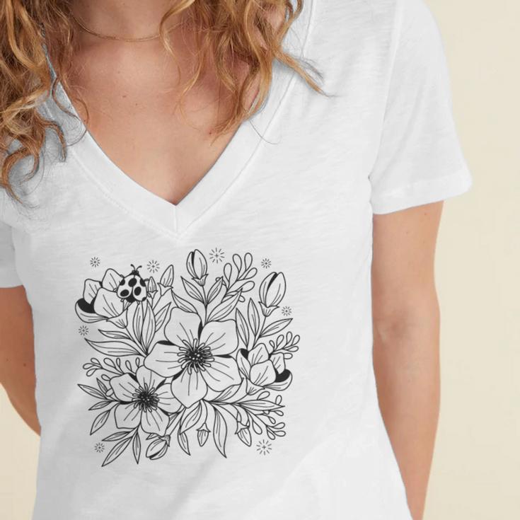 Adult Coloring Book Style Flowers And Ladybug Self Coloring Women's Jersey Short Sleeve Deep V-Neck Tshirt
