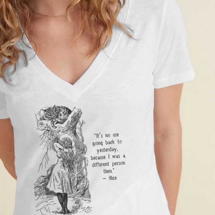 Alice Adventures Wonderland Vintage Book Quote Lewis Carrol Women's Jersey Short Sleeve Deep V-Neck Tshirt