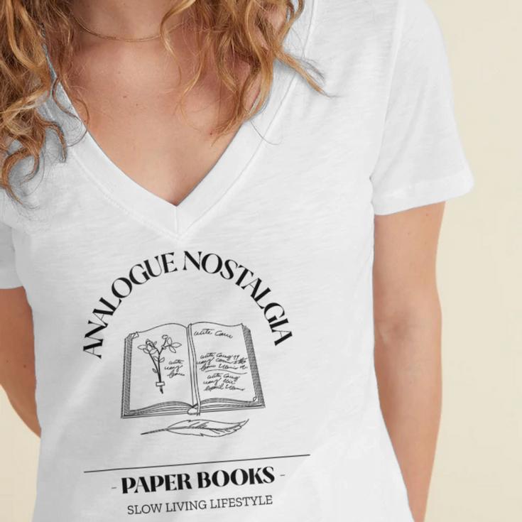 Analogue Nostalgia Paper Books Book Graphic Women's Jersey Short Sleeve Deep V-Neck Tshirt Analogue Nostalgia Paper Books Book Graphic Women's Jersey Short Sleeve Deep V-Neck Tshirt