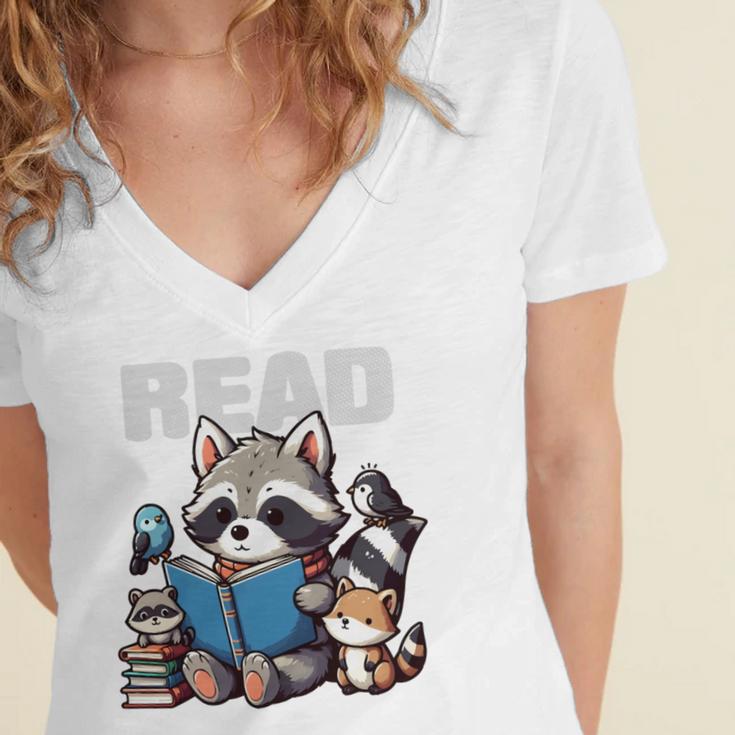 Animals Raccoon Reading Book Librarian Across America Kids Women's Jersey Short Sleeve Deep V-Neck Tshirt
