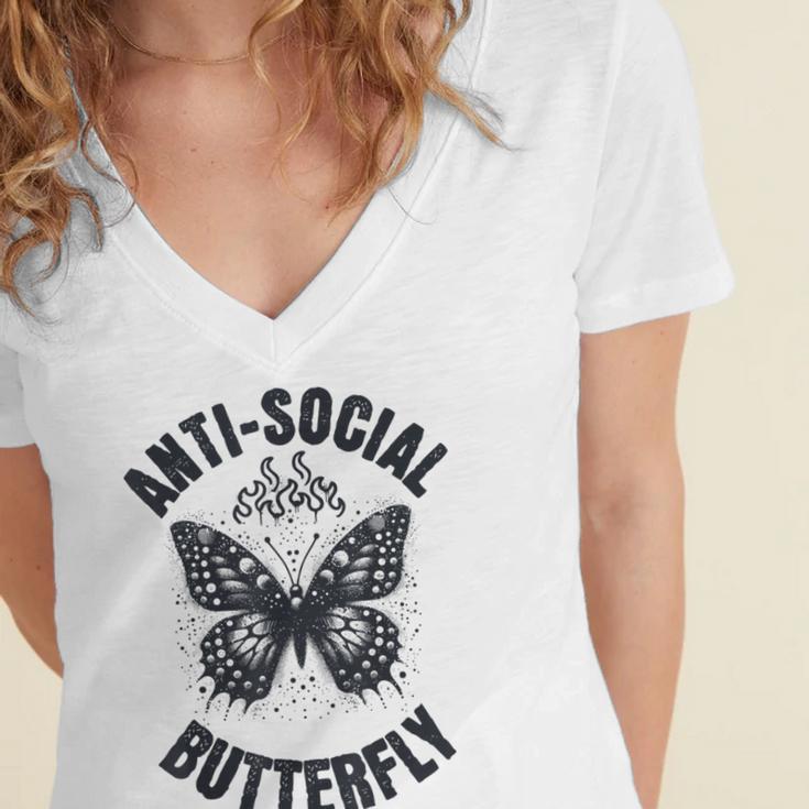 Anti-Social Butterfly Awkward Introvert Homebody Humor Women's Jersey Short Sleeve Deep V-Neck Tshirt