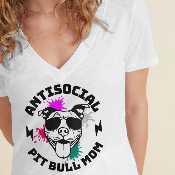 Antisocial Pit Bull Mom Pittie Introvert Dog Lover Pit Bull Women's Jersey Short Sleeve Deep V-Neck Tshirt