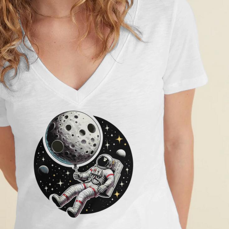 Astronaut Aesthetic Holding Moon Balloon Planets Introvert Women's Jersey Short Sleeve Deep V-Neck Tshirt Astronaut Aesthetic Holding Moon Balloon Planets Introvert Women's Jersey Short Sleeve Deep V-Neck Tshirt