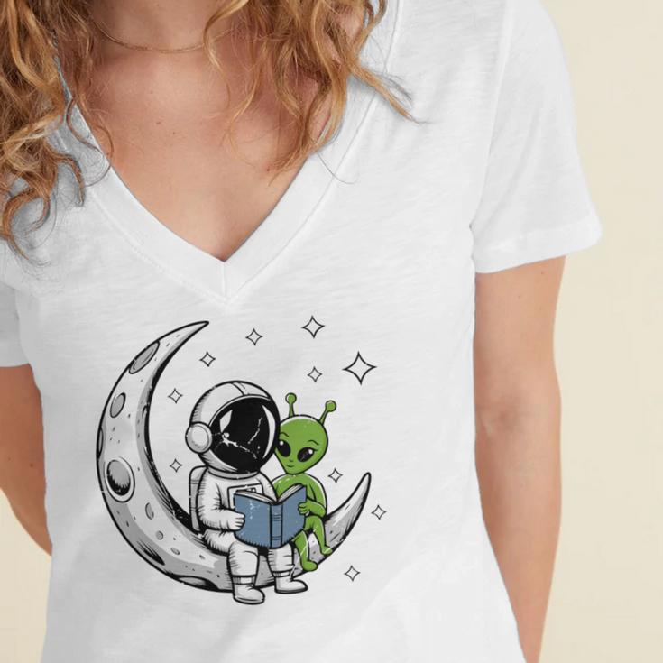 Astronaut Reading Book To Alien Moon Space Astronomy Women's Jersey Short Sleeve Deep V-Neck Tshirt