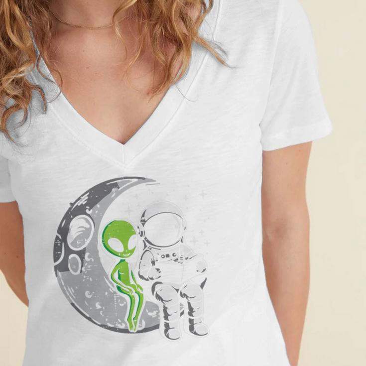 Astronaut Reading Book To Alien Moon Space Women Kids Men Premium Tri-Blend Women's Jersey Short Sleeve Deep V-Neck Tshirt