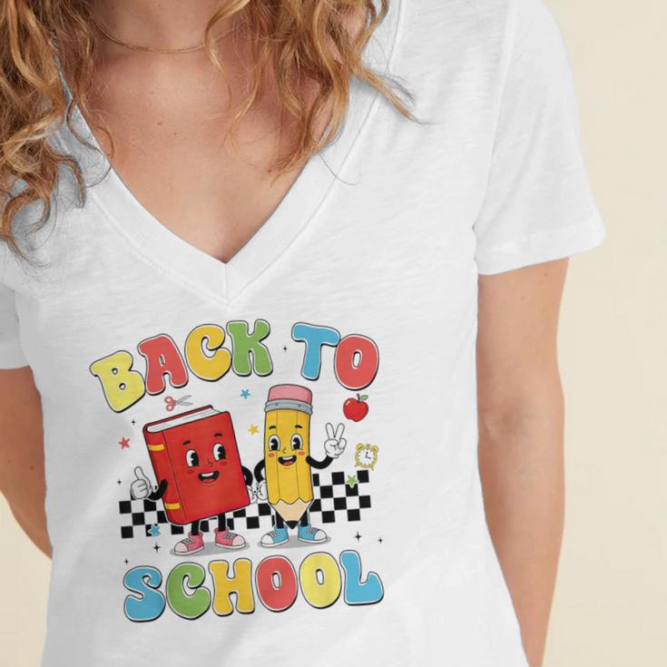 Back To School Checkered Book Pencil Groovy Teacher Student Women's Jersey Short Sleeve Deep V-Neck Tshirt