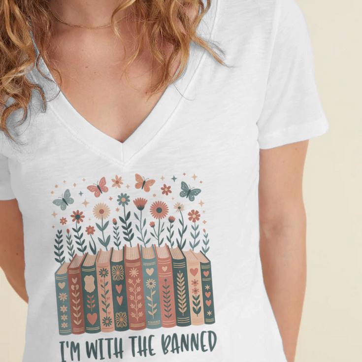 Im With The Banned Book Readers Librarian Read Banned Books Women's Jersey Short Sleeve Deep V-Neck Tshirt