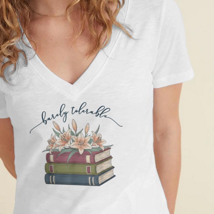 Barely Tolerable Book Lover Floral Quote Pride And Prejudice Women's Jersey Short Sleeve Deep V-Neck Tshirt
