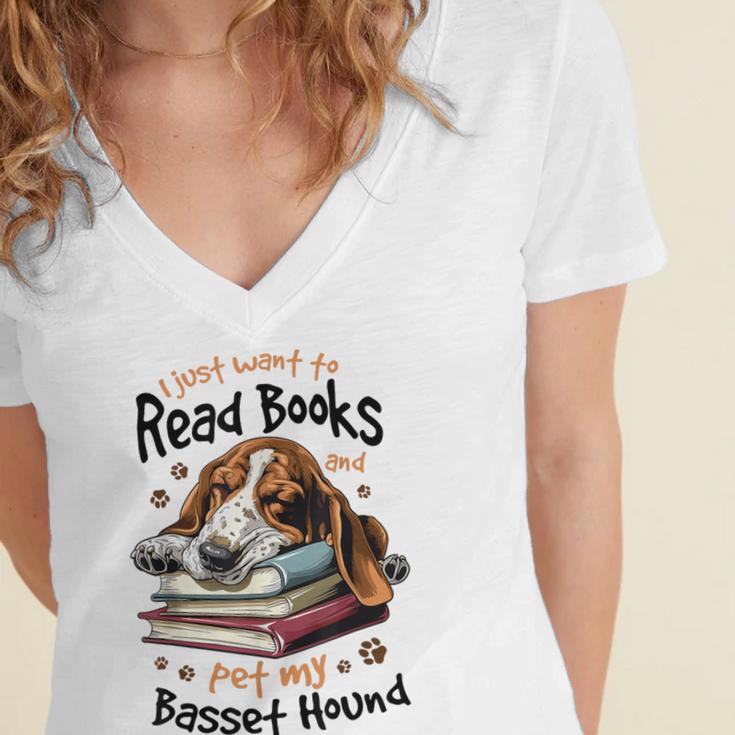 Basset Hound Dog Breed I Just Want To Read Books And Pet My Women's Jersey Short Sleeve Deep V-Neck Tshirt