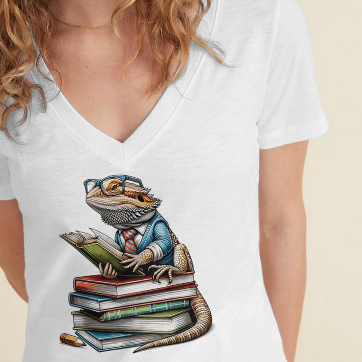 Bearded Dragon Reading Books Matching Bookworm Librarian Women's Jersey Short Sleeve Deep V-Neck Tshirt Bearded Dragon Reading Books Matching Bookworm Librarian Women's Jersey Short Sleeve Deep V-Neck Tshirt