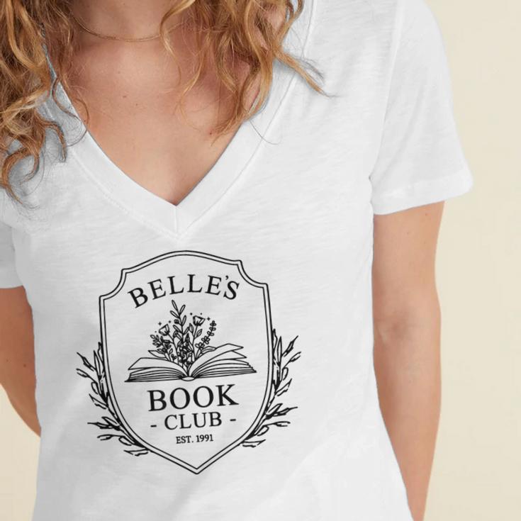 Belle's Book Club Est 1991 Belle's Book Shop Women's Jersey Short Sleeve Deep V-Neck Tshirt Belle's Book Club Est 1991 Belle's Book Shop Women's Jersey Short Sleeve Deep V-Neck Tshirt