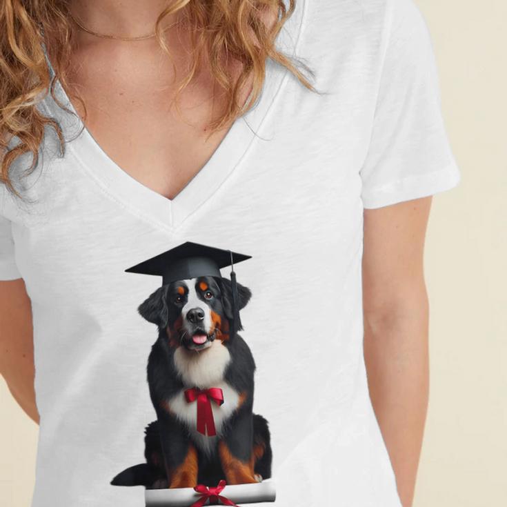 Bernese Mountain Dog Graduation Cap Graduate Training School For Men Women Girls Kids Women's Jersey Short Sleeve Deep V-Neck Tshirt