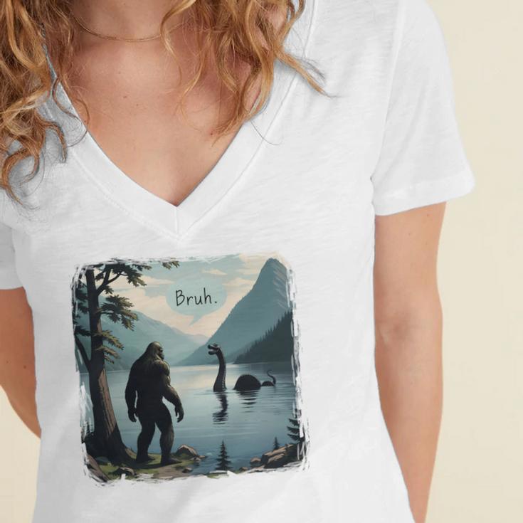 Bigfoot Sasquatch & Loch Ness Monster Introvert Bruh Women's Jersey Short Sleeve Deep V-Neck Tshirt Bigfoot Sasquatch & Loch Ness Monster Introvert Bruh Women's Jersey Short Sleeve Deep V-Neck Tshirt