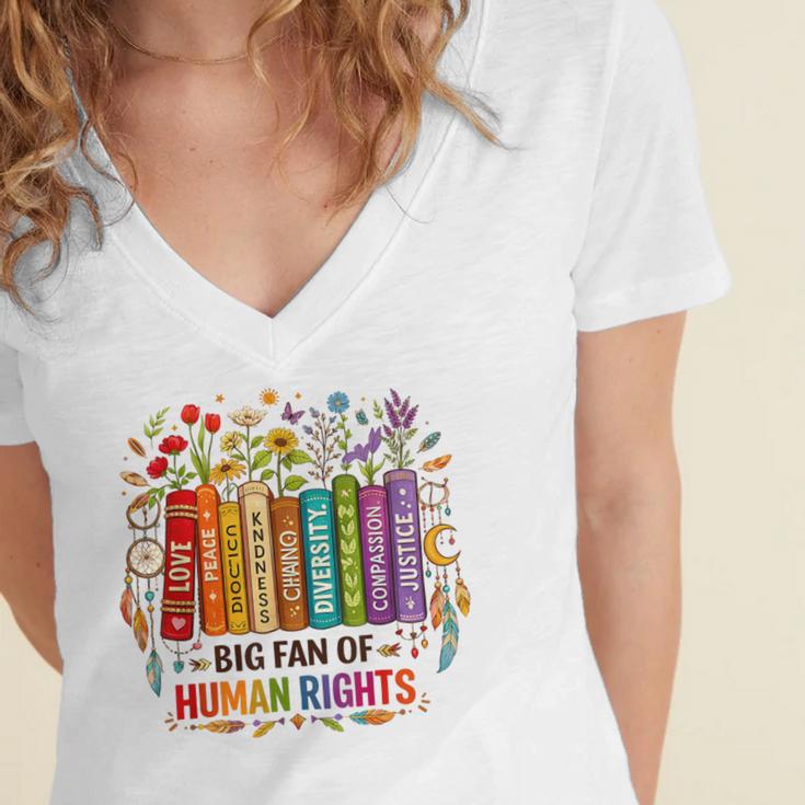 Boho Floral Book Big Fan Of Human Rights Liberal Protest Women's Jersey Short Sleeve Deep V-Neck Tshirt