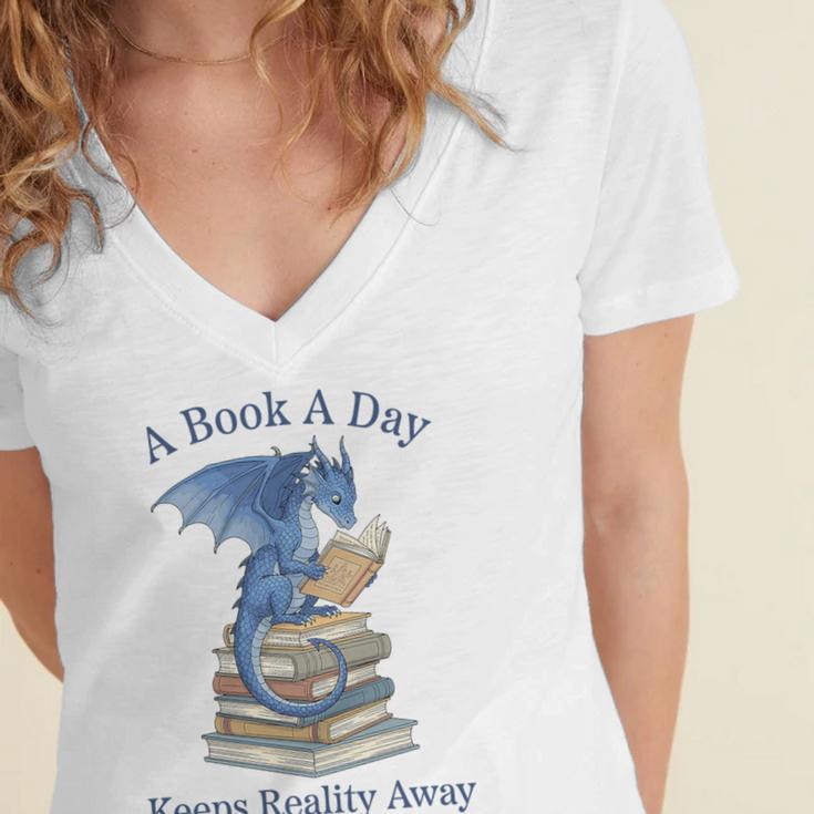 A Book A Day Keeps Reality Away Premium Tri-Blend Women's Jersey Short Sleeve Deep V-Neck Tshirt