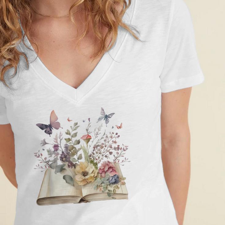 Book Flowers And Butterfly Beautiful Reading Reader Graphic Women's Jersey Short Sleeve Deep V-Neck Tshirt