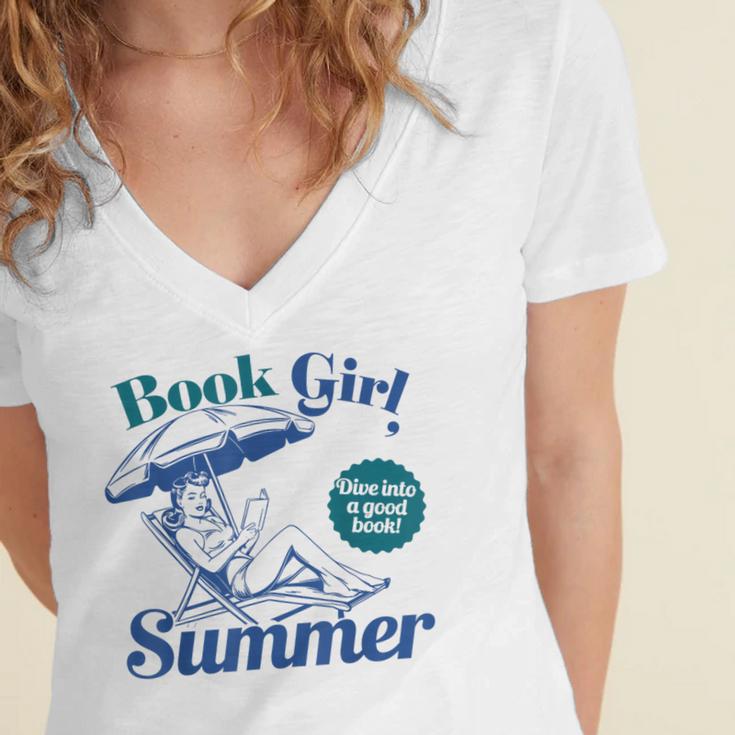 Book Girl Summer Bookish Beach Women's Jersey Short Sleeve Deep V-Neck Tshirt Book Girl Summer Bookish Beach Women's Jersey Short Sleeve Deep V-Neck Tshirt