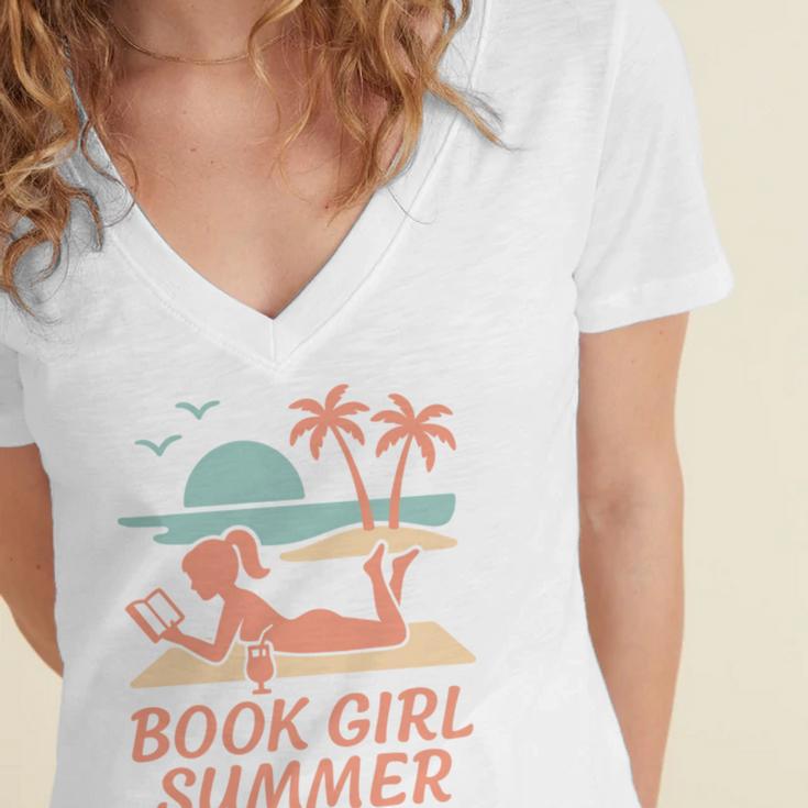 Book Girl Summer Book Reading Retro Sunset Women's Jersey Short Sleeve Deep V-Neck Tshirt