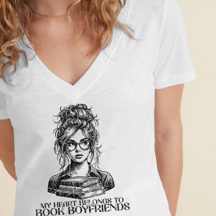 Book Lover Bent Over a Book Women's Jersey Short Sleeve Deep V-Neck Tshirt Book Lover Bent Over a Book Women's Jersey Short Sleeve Deep V-Neck Tshirt