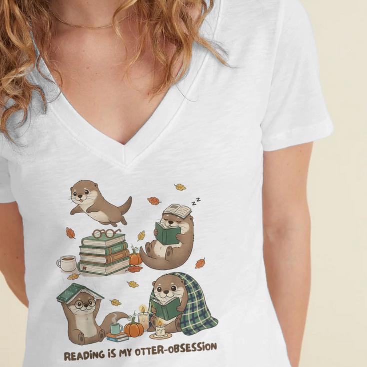 Book Lover Bookish Bookworm Reading Is My Otter-Obsession Women's Jersey Short Sleeve Deep V-Neck Tshirt
