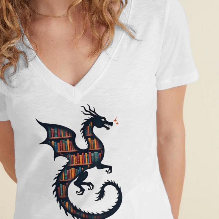 Book Lover Bookworm Reading Books Dragon Women's Jersey Short Sleeve Deep V-Neck Tshirt