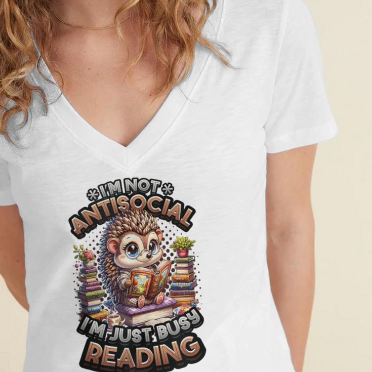 Book Lover Hedgehog Reading Books Introvert Bookworm Women's Jersey Short Sleeve Deep V-Neck Tshirt