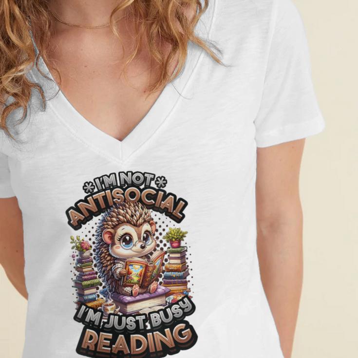 Book Lover Hedgehog Reading Books Introvert Bookworm Women's Jersey Short Sleeve Deep V-Neck Tshirt